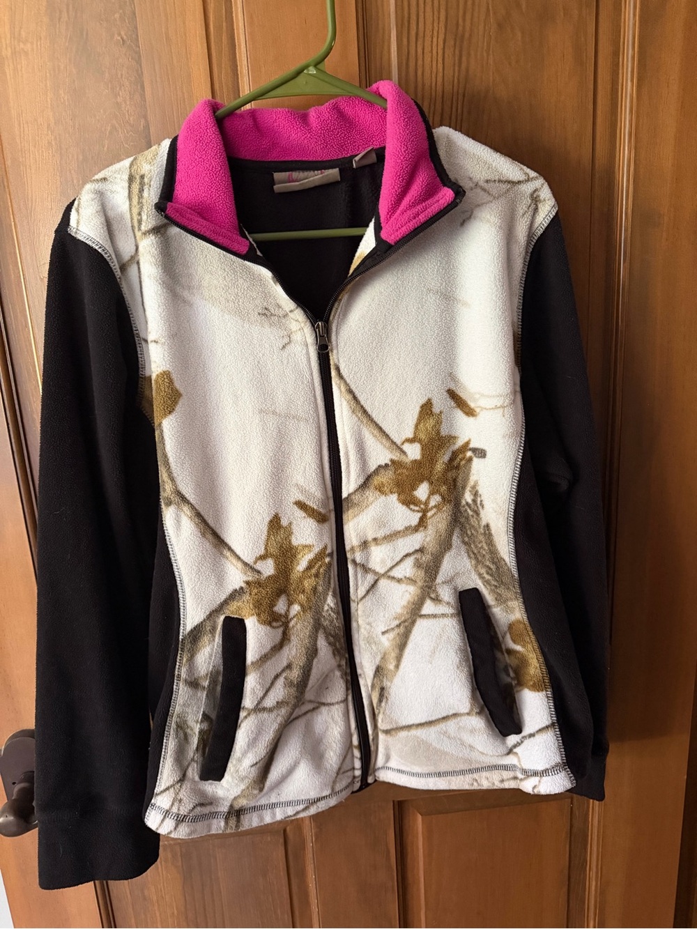 Northcrest White Camo Fleece Jacket with Black Sleeves and Pink Collar